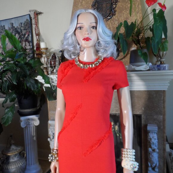 Altuzarra Vibrant Red Sheath Dress w/Asymetrical Fringe Detail Sise FR 36- US 4 - Picture 7 of 16
